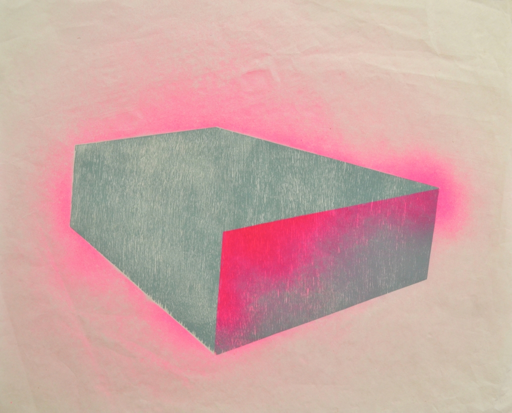 Pink Box, woodblock relief and spraypaint